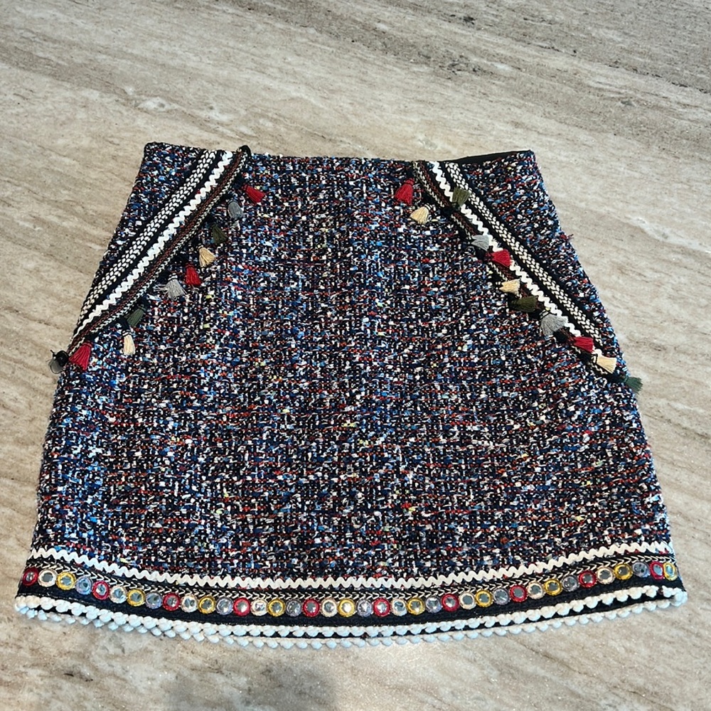 Zara Tassled Embroidered Mini Skirt Multicolor